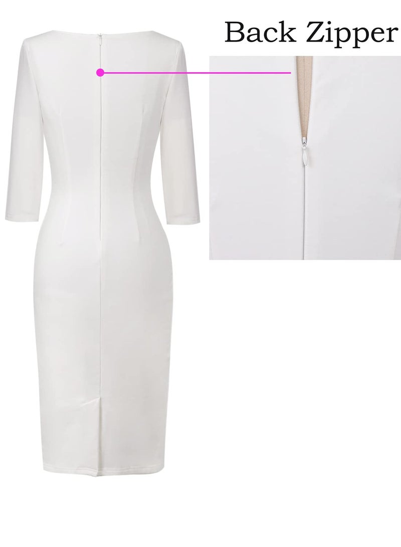 VFSHOW Womens Ruched Cocktail Party Elegant Work Business Office Bodycon Pencil Sheath Off-White Ivory Dress 6577 WHT L - Image 5